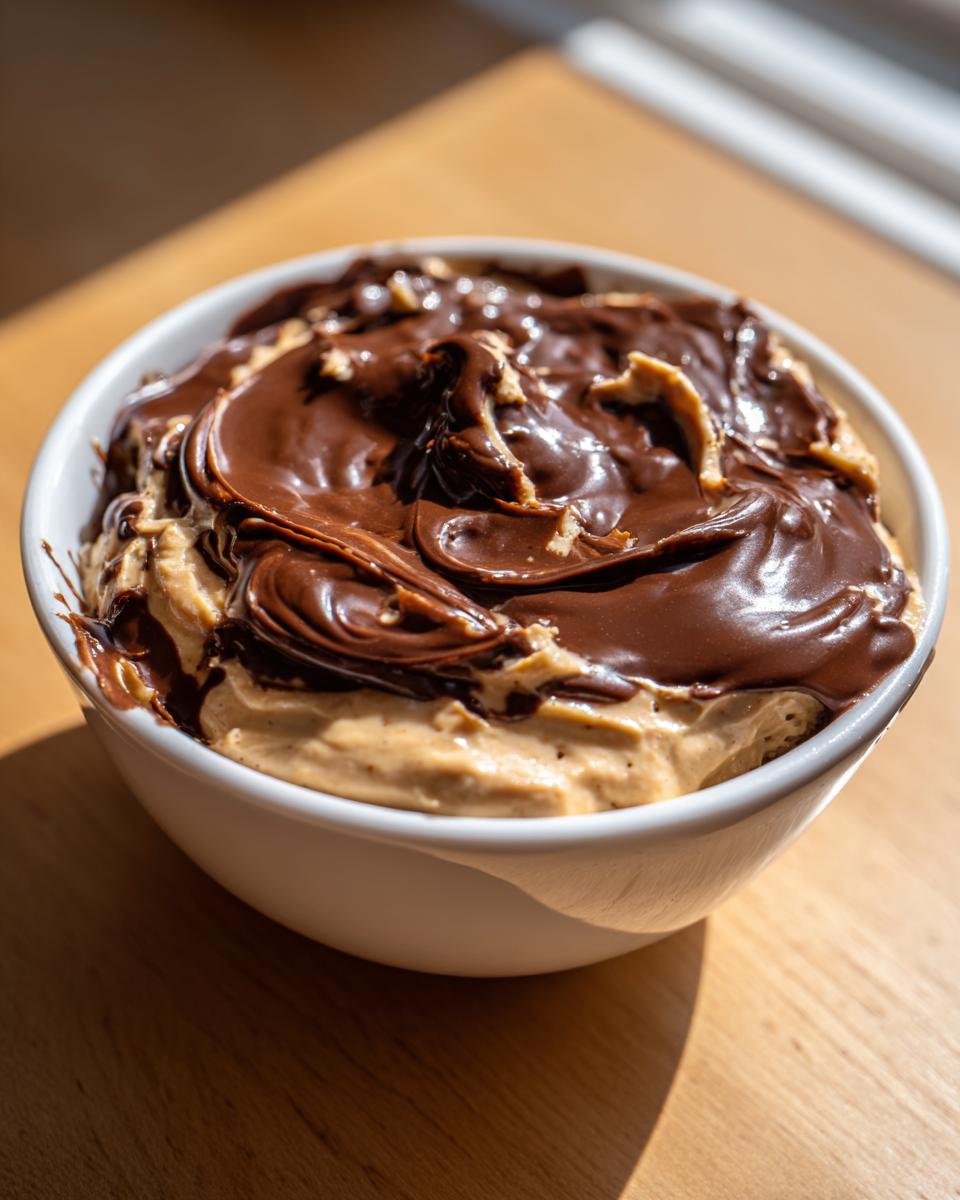 A white bowl filled with creamy peanut butter dip topped with a thick swirl of melted chocolate.