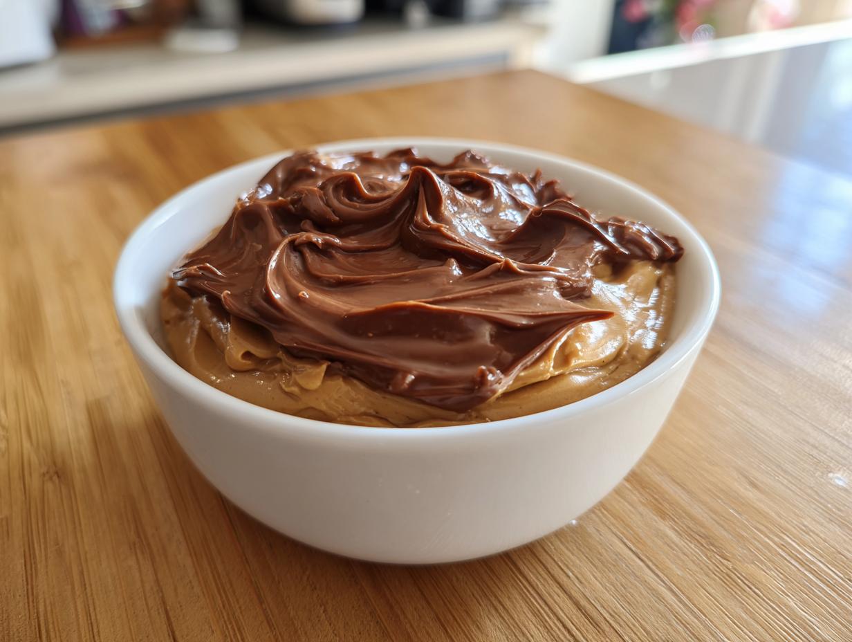 Close-up of a white bowl filled with creamy peanut butter dip, topped with a generous swirl of chocolate spread.