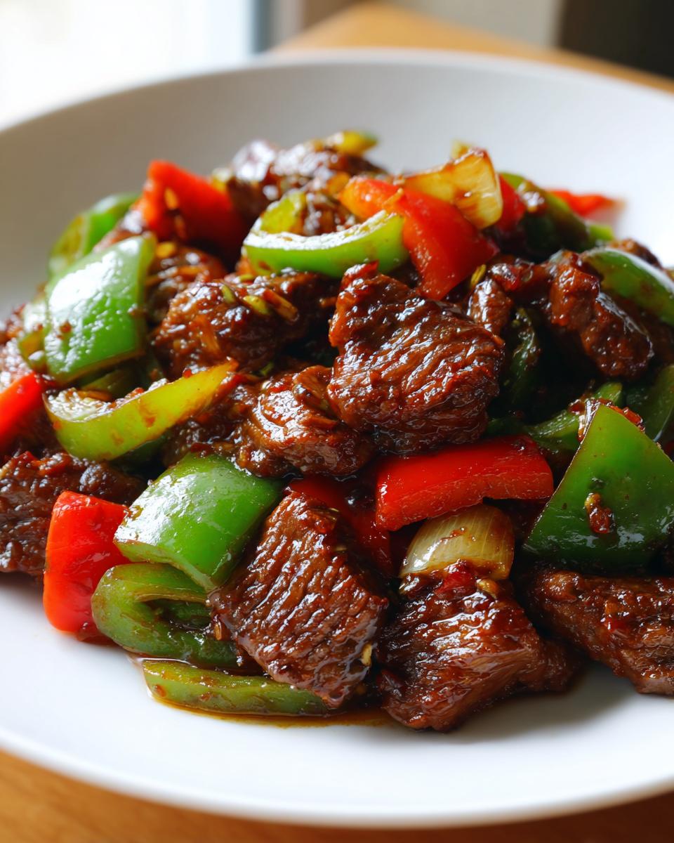 Close-up of glossy, saucy beef cubes mixed with vibrant red and green bell peppers in a bowl of pepper steak.