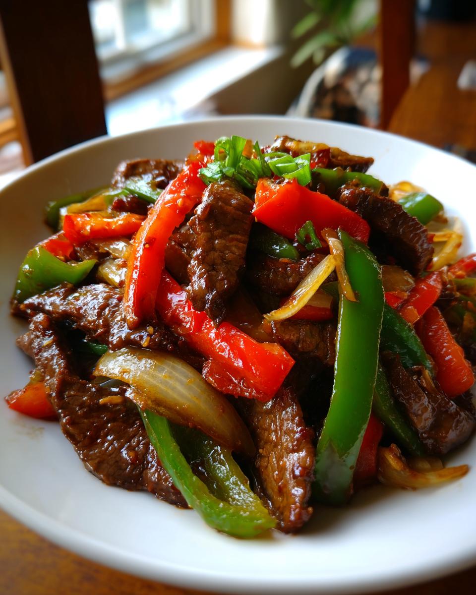 A close-up shot of glossy, saucy pepper steak mixed with vibrant red and green bell peppers and onions.