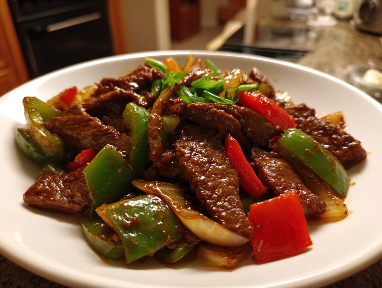 Close-up of glossy, saucy pepper steak strips mixed with vibrant green and red bell peppers and onions.