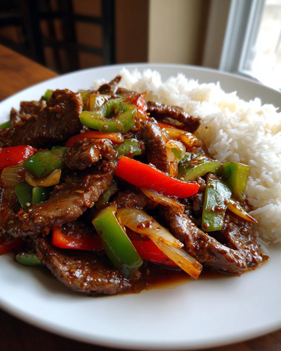 A plate featuring homemade pepper steak stir-fry with colorful bell peppers and onions served next to fluffy white rice.