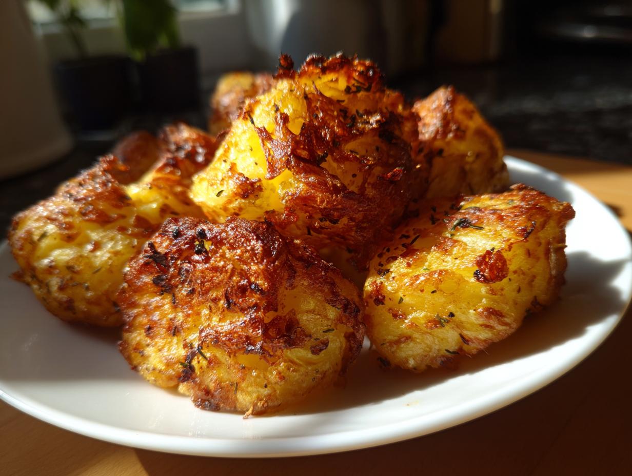 Close-up of golden, fluffy roast potatoes with crispy, browned edges served on a white plate.