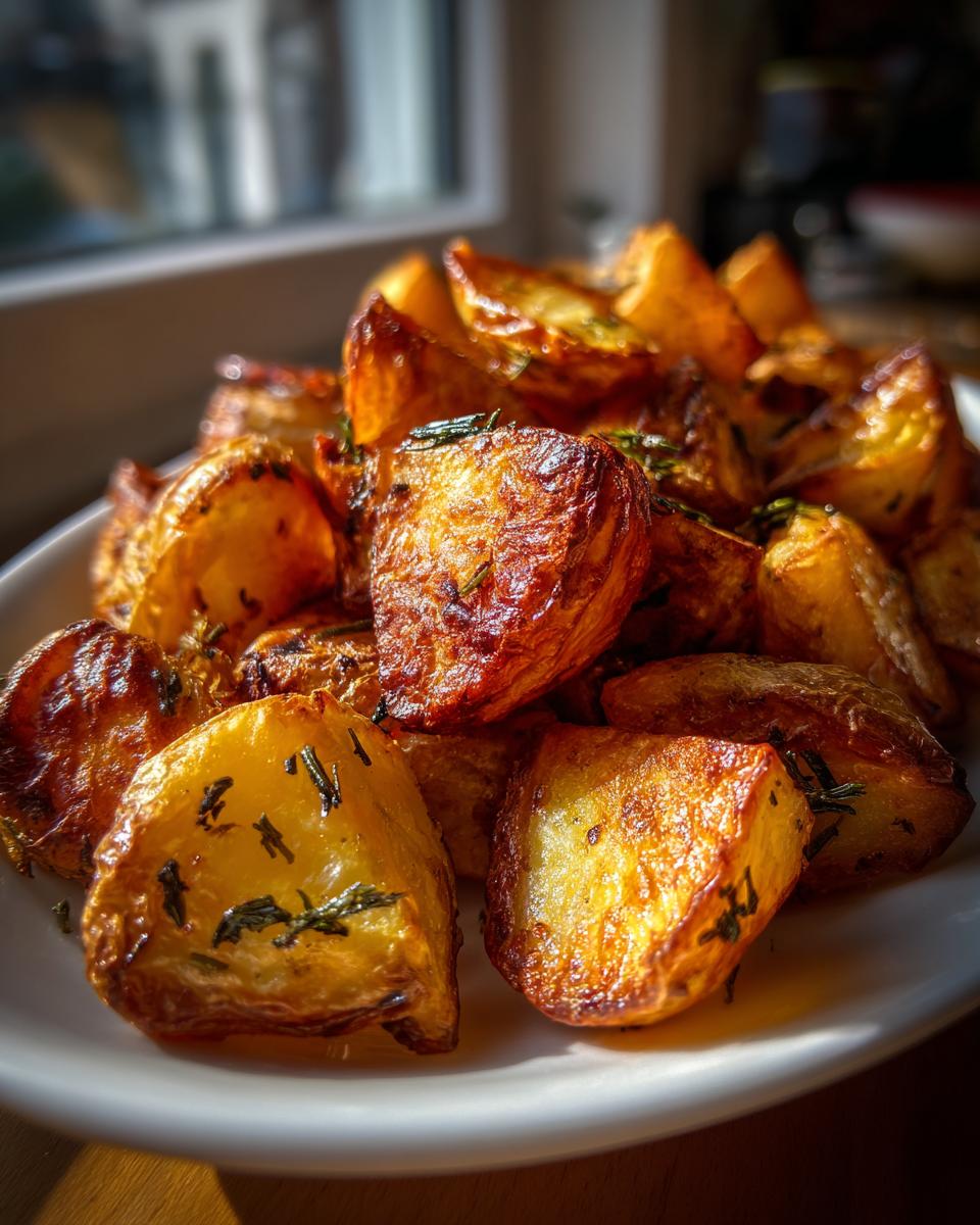 Close-up of golden brown, crispy roast potatoes seasoned with herbs on a white plate.