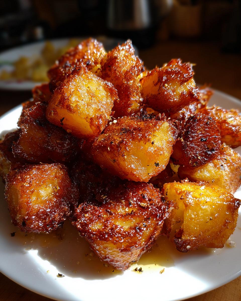 Close-up of a mound of golden brown, crispy roast potatoes seasoned with herbs and resting in oil on a white plate.