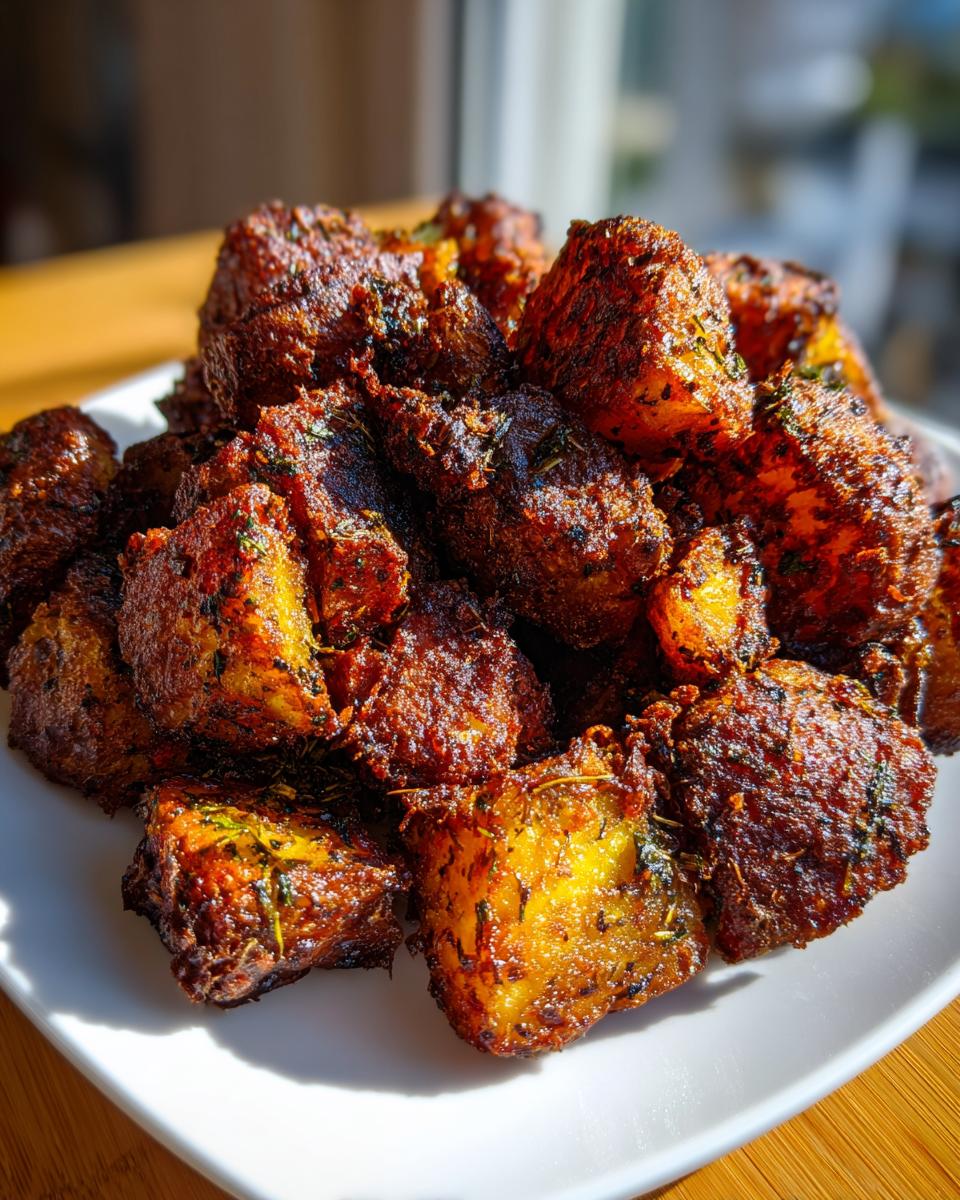A mound of deeply browned, crispy roast potatoes seasoned with herbs, served on a white plate.