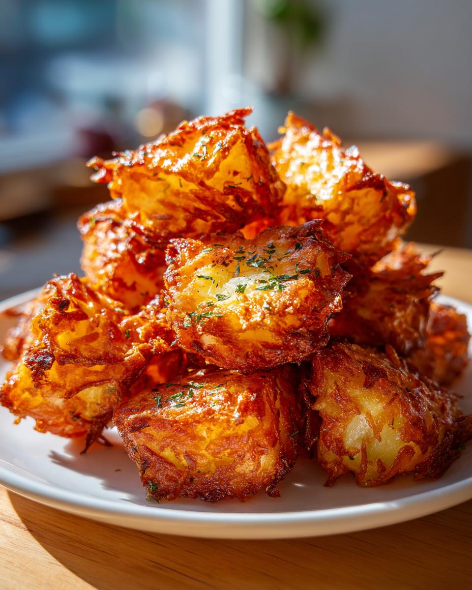 A pile of incredibly crispy, golden brown roast potatoes garnished with herbs, ready to serve.