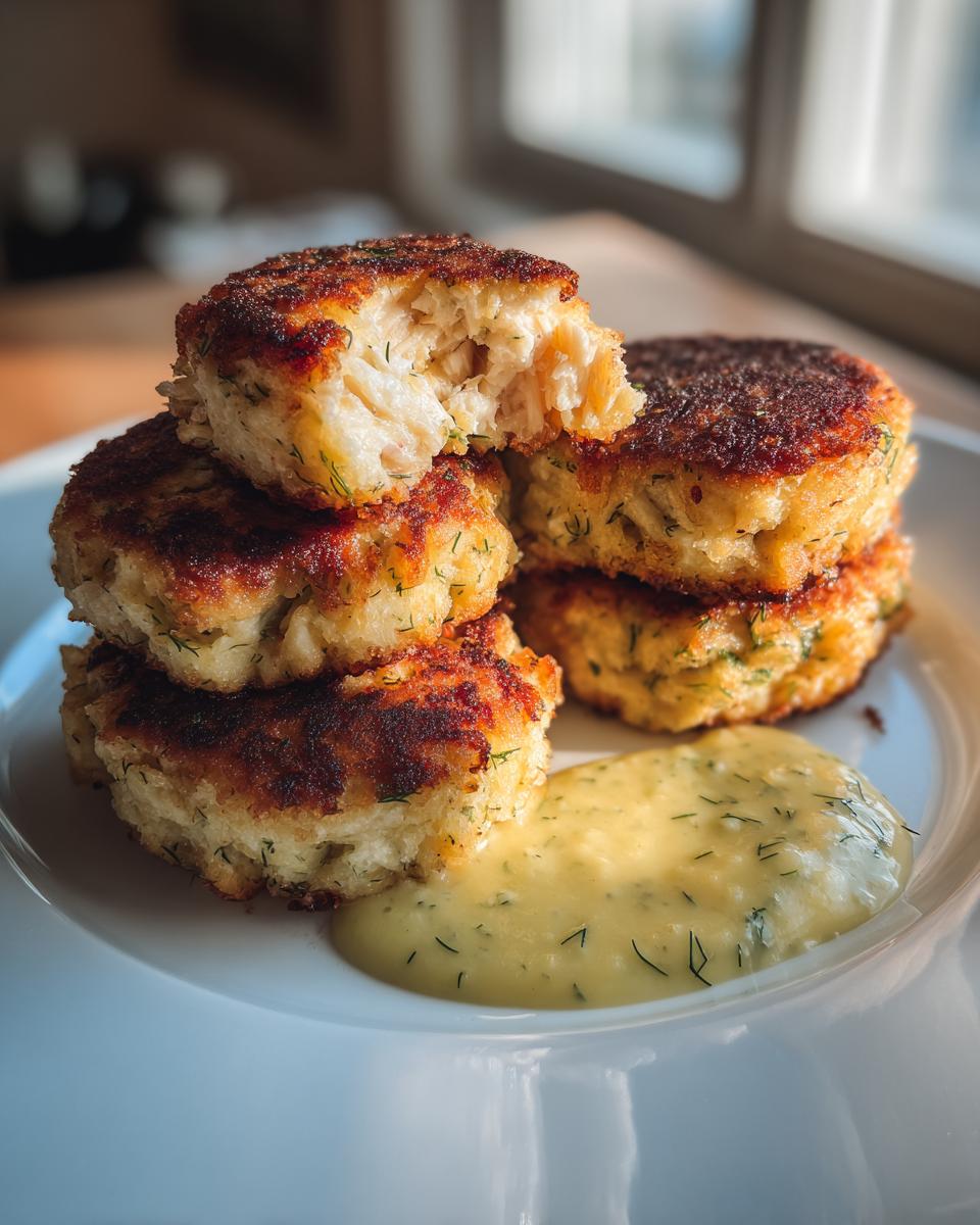 A stack of four golden-brown, crispy salmon cakes, one broken open to show the tender interior, served with a dill sauce.