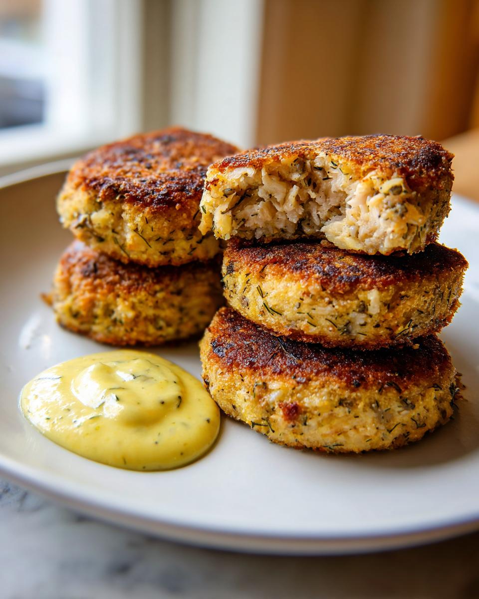 A stack of four crispy, golden-brown salmon cakes, with one showing a tender, flaky interior, served next to a dollop of yellow sauce.