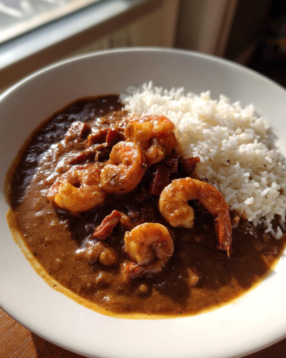 A bowl of rich, dark shrimp etouffee served next to a mound of fluffy white rice, featuring plump shrimp.