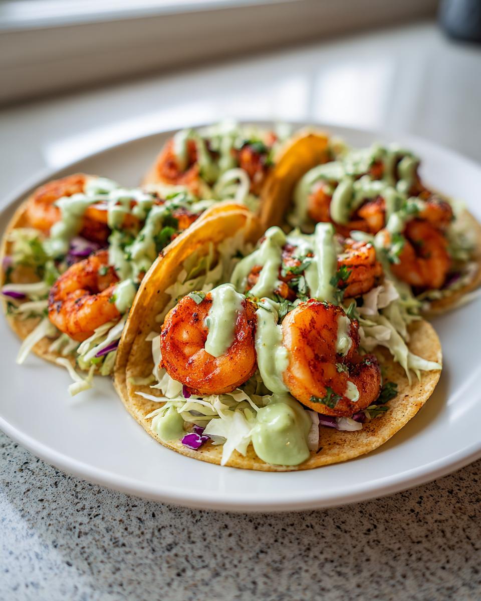 Four delicious shrimp taco shells filled with seasoned shrimp, shredded cabbage, and drizzled with a creamy green sauce.