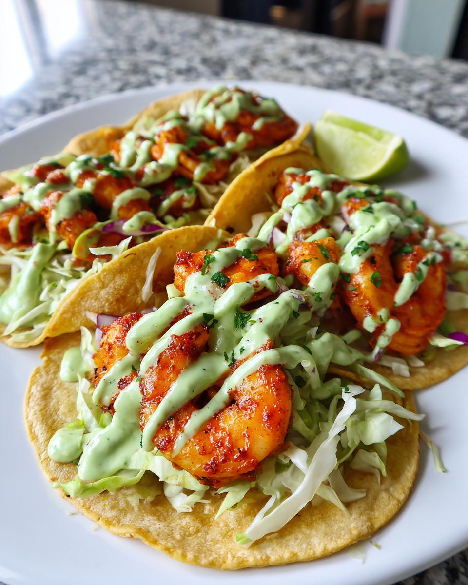 Three delicious shrimp taco servings on corn tortillas topped with shredded cabbage and drizzled with creamy green sauce.