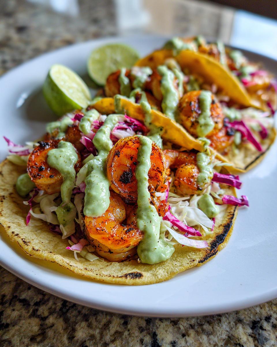 Close-up of a delicious shrimp taco topped with grilled shrimp, slaw, and a creamy green sauce, served with lime wedges.