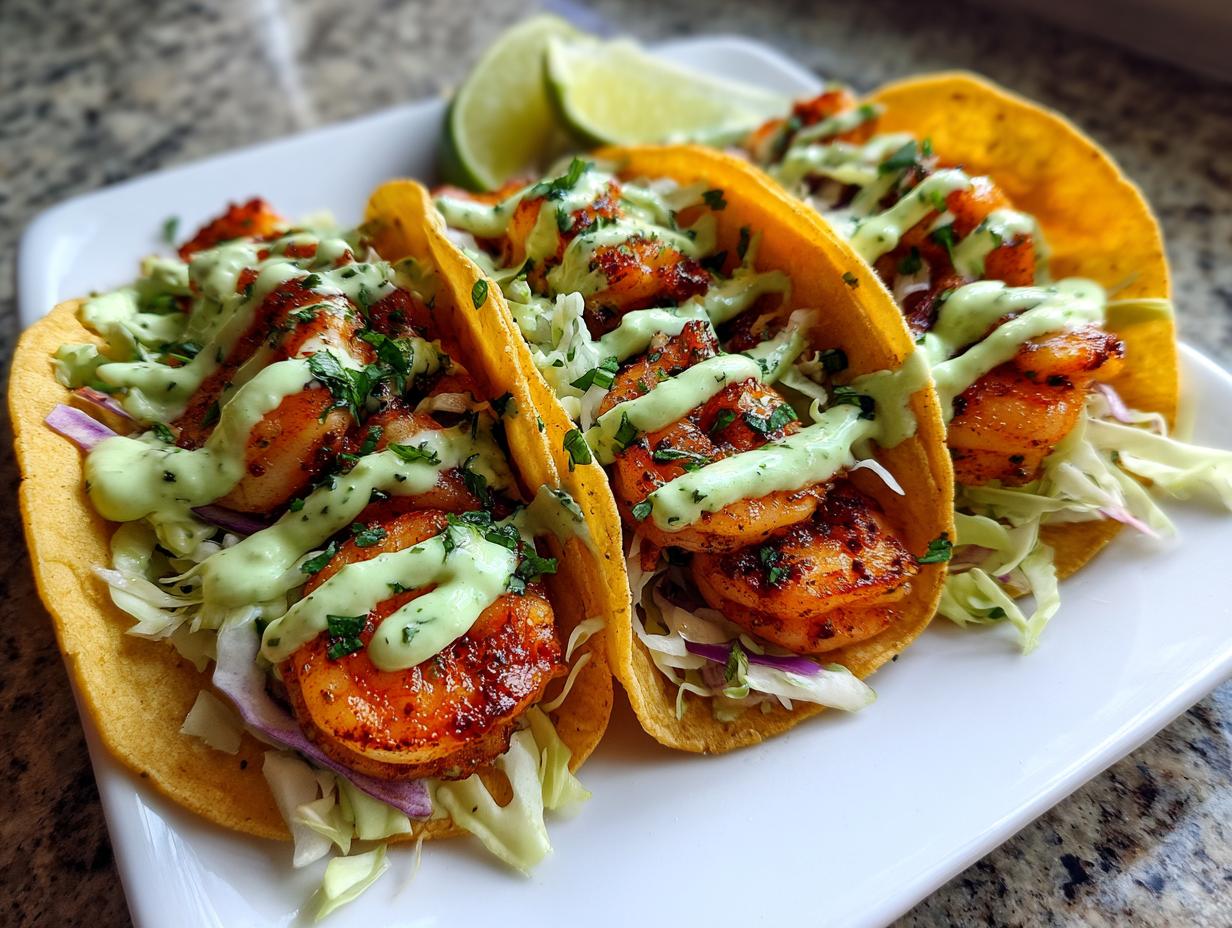 Three delicious shrimp taco shells filled with seasoned shrimp, slaw, and drizzled with a creamy green sauce.