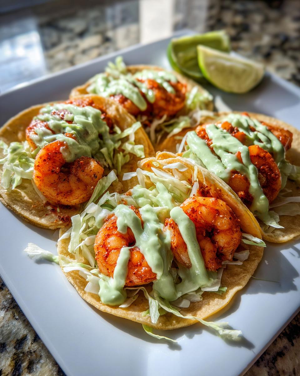 Close-up of four shrimp taco servings on a white plate, topped with shredded lettuce and a creamy green sauce.