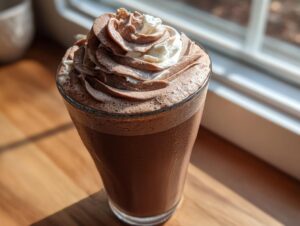 A tall glass filled with rich, dark whipped hot chocolate topped with swirls of chocolate and plain whipped cream.