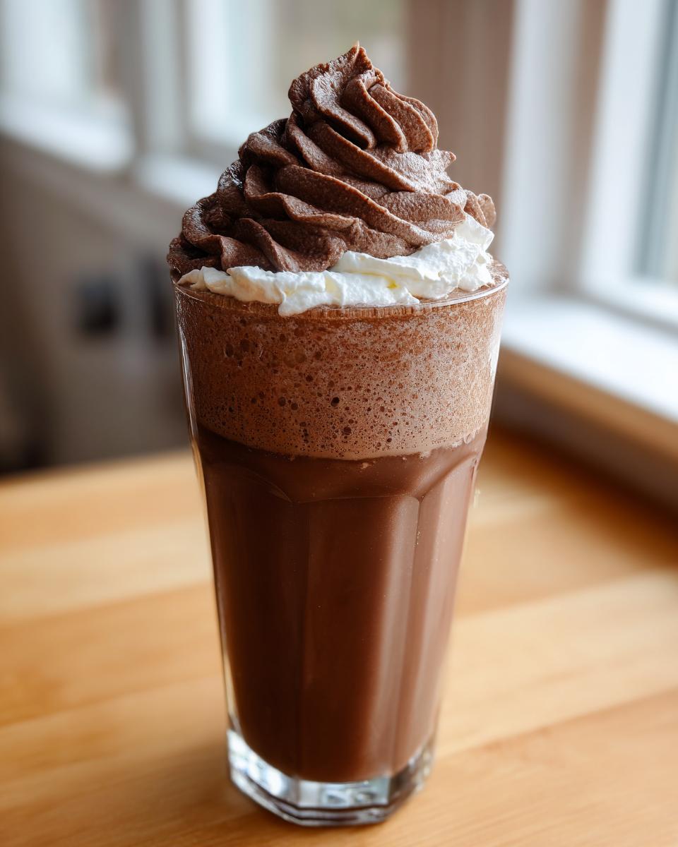 Tall glass of rich, cold whipped hot chocolate topped with white cream and a swirl of chocolate whipped cream.