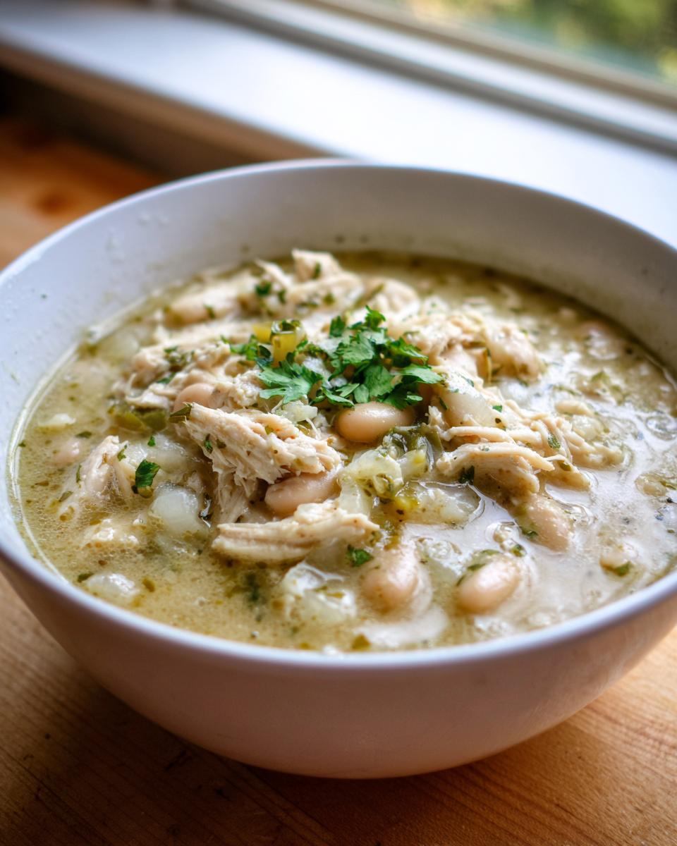 Close-up of a bowl of amazing white chicken chili, featuring shredded chicken, white beans, and fresh cilantro garnish.