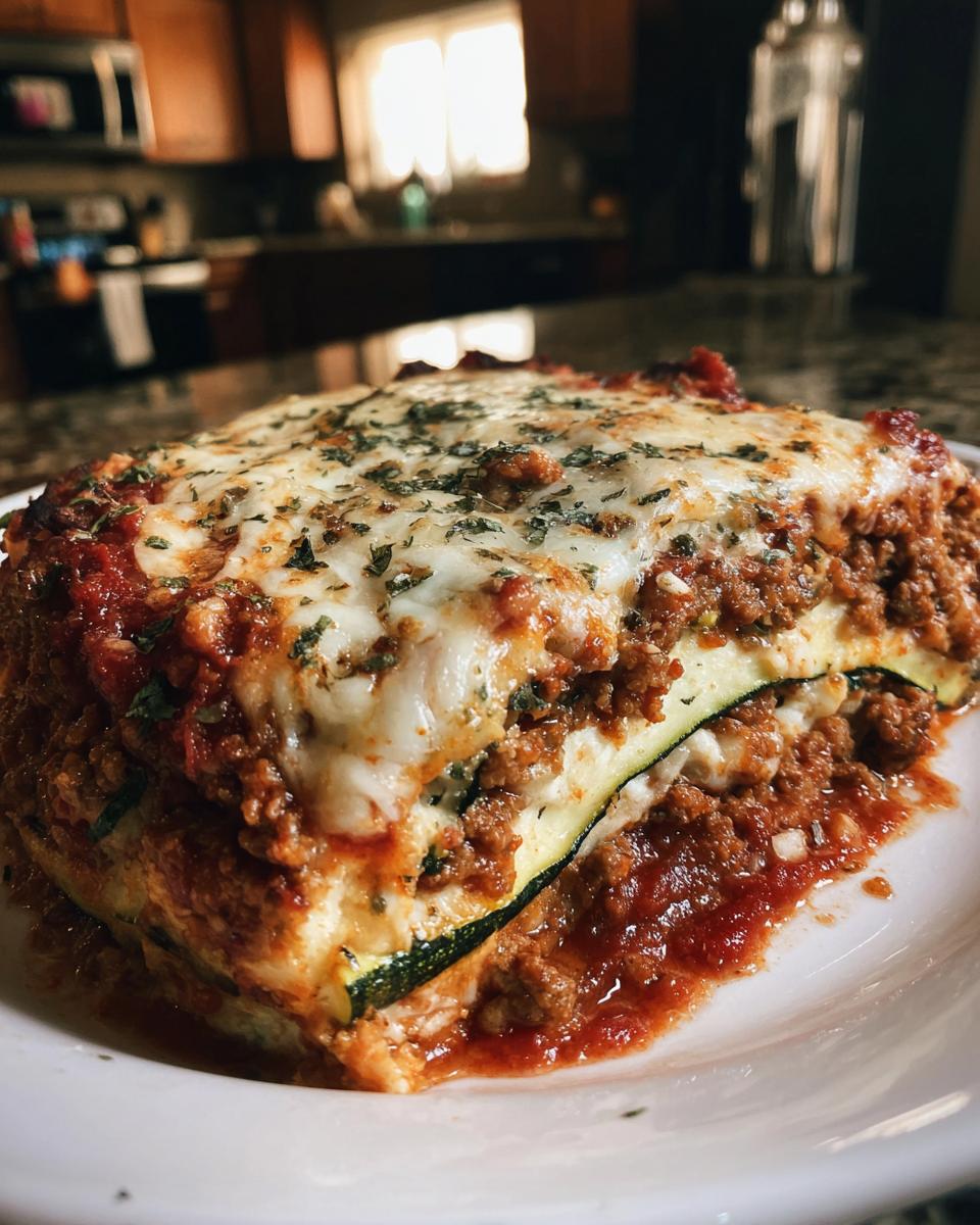 A close-up of a hearty slice of zucchini lasagna layered with meat sauce, melted cheese, and herbs.