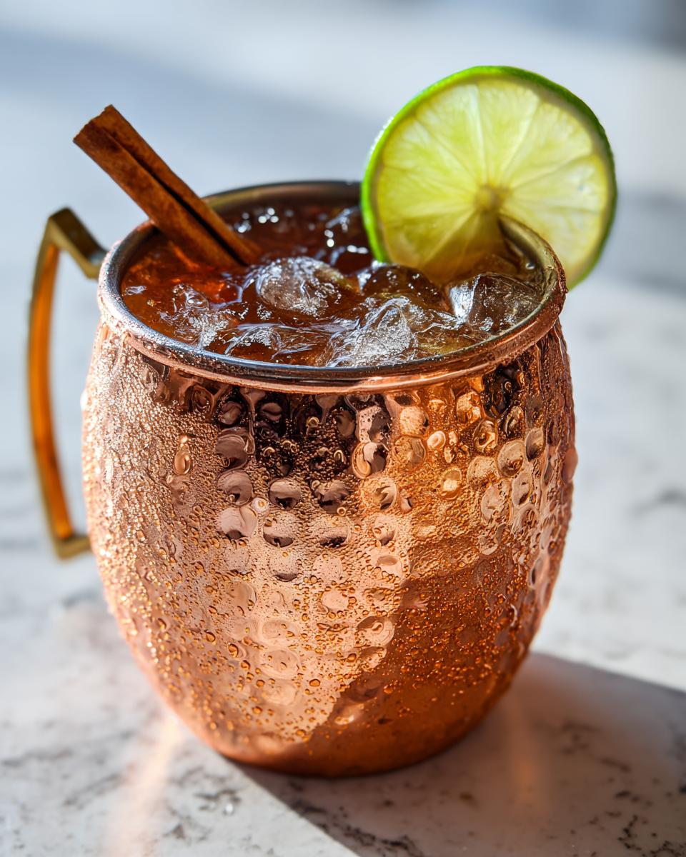 Close-up of a frosty apple cider moscow mule in a hammered copper mug, garnished with lime and cinnamon stick.