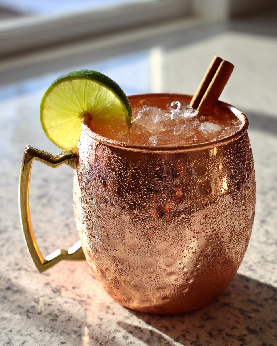 Close-up of a frosty apple cider moscow mule in a copper mug, garnished with a lime wheel and cinnamon sticks.