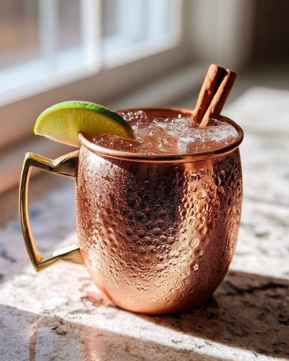 A frosty copper mug filled with an apple cider moscow mule, garnished with a lime wedge and cinnamon sticks.