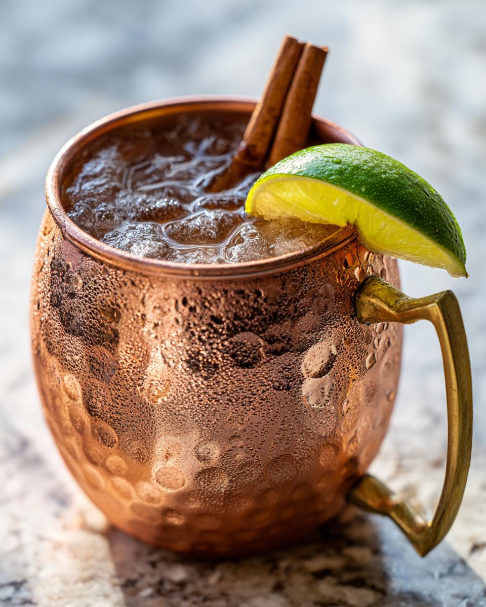 Close-up of a condensation-covered copper mug filled with an apple cider moscow mule, garnished with lime and cinnamon sticks.