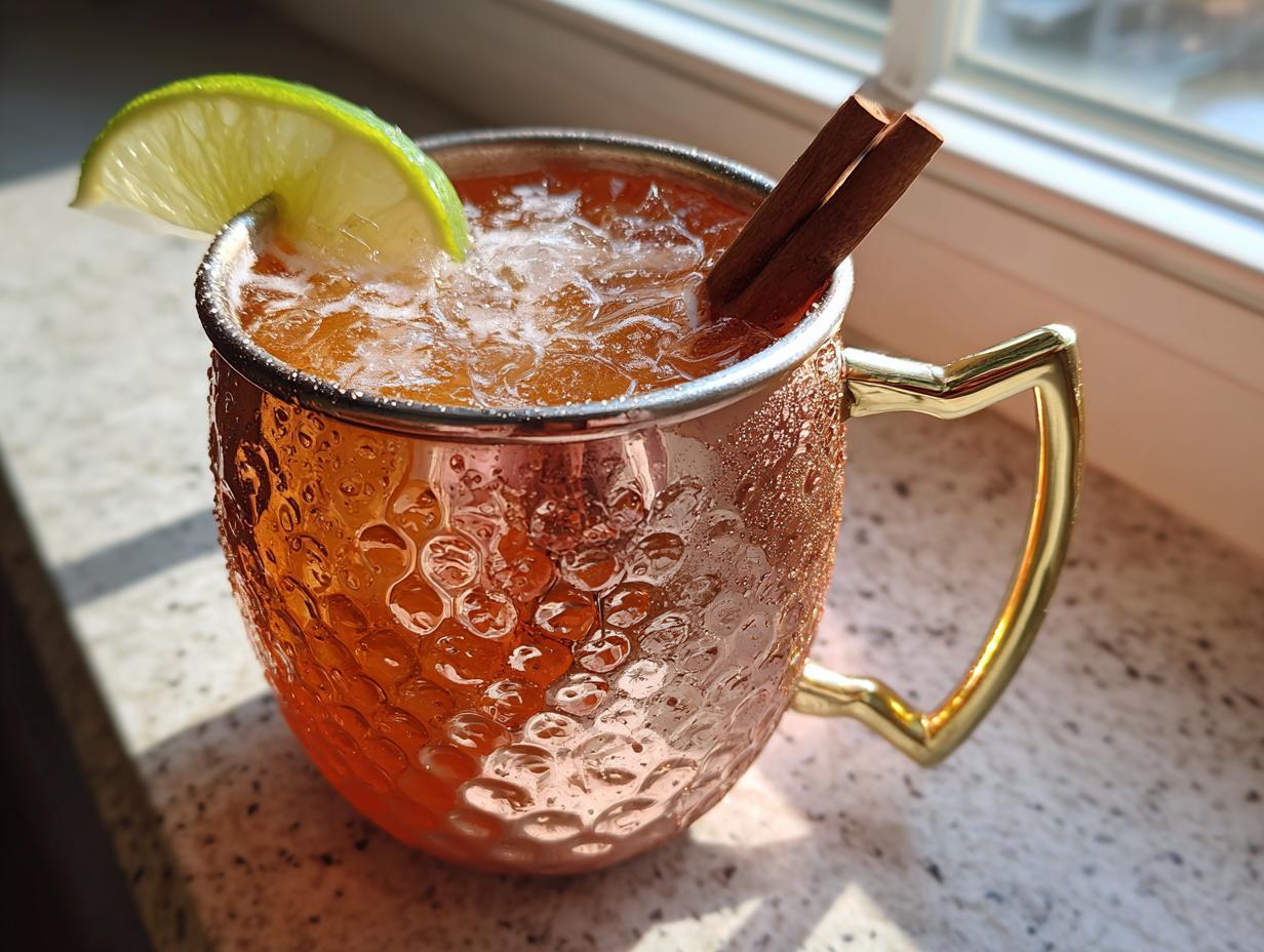A chilled apple cider moscow mule cocktail garnished with lime and cinnamon sticks in a hammered copper mug.