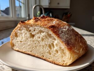 Cross-section view showing the open, airy crumb structure of the homemade artisan bread.