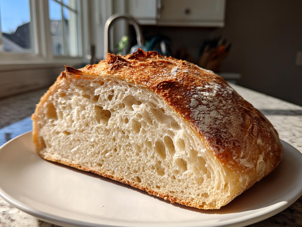 Cross-section view showing the open, airy crumb structure of the homemade artisan bread.