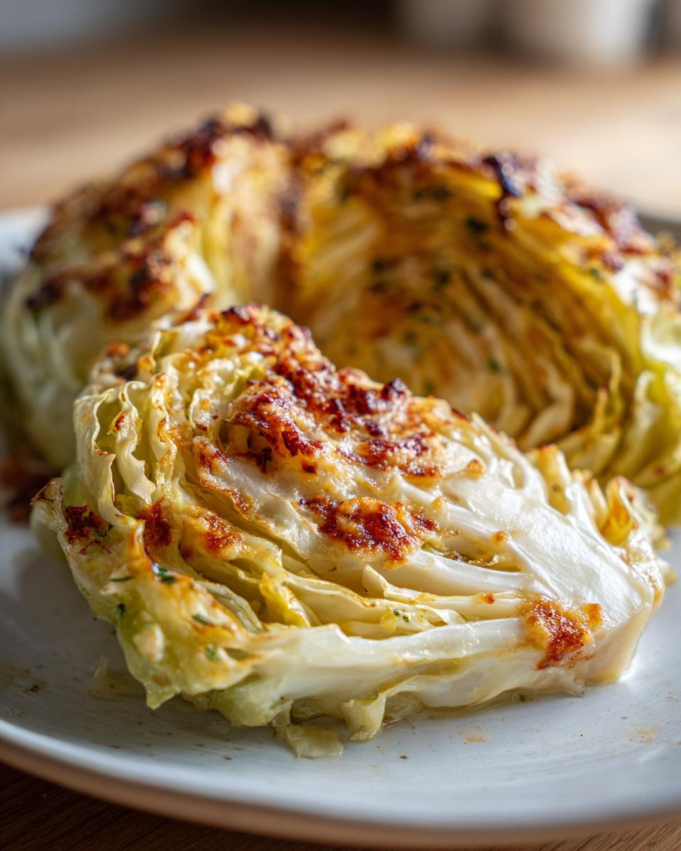 Close-up of a baked cabbage recipe wedge, showing tender layers and a golden, cheesy crust.