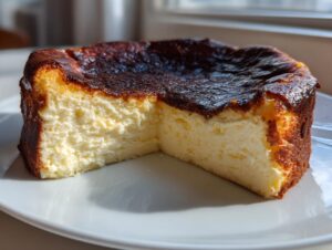 A slice of creamy Basque cheesecake showing its signature dark, caramelized top and soft interior.