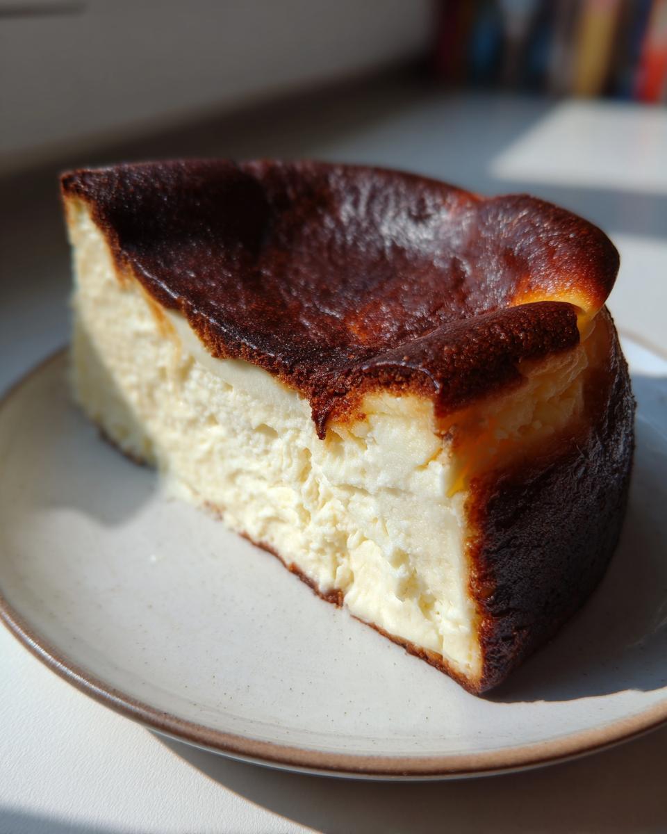 A close-up slice of Basque cheesecake showing its creamy interior and signature dark, caramelized top.