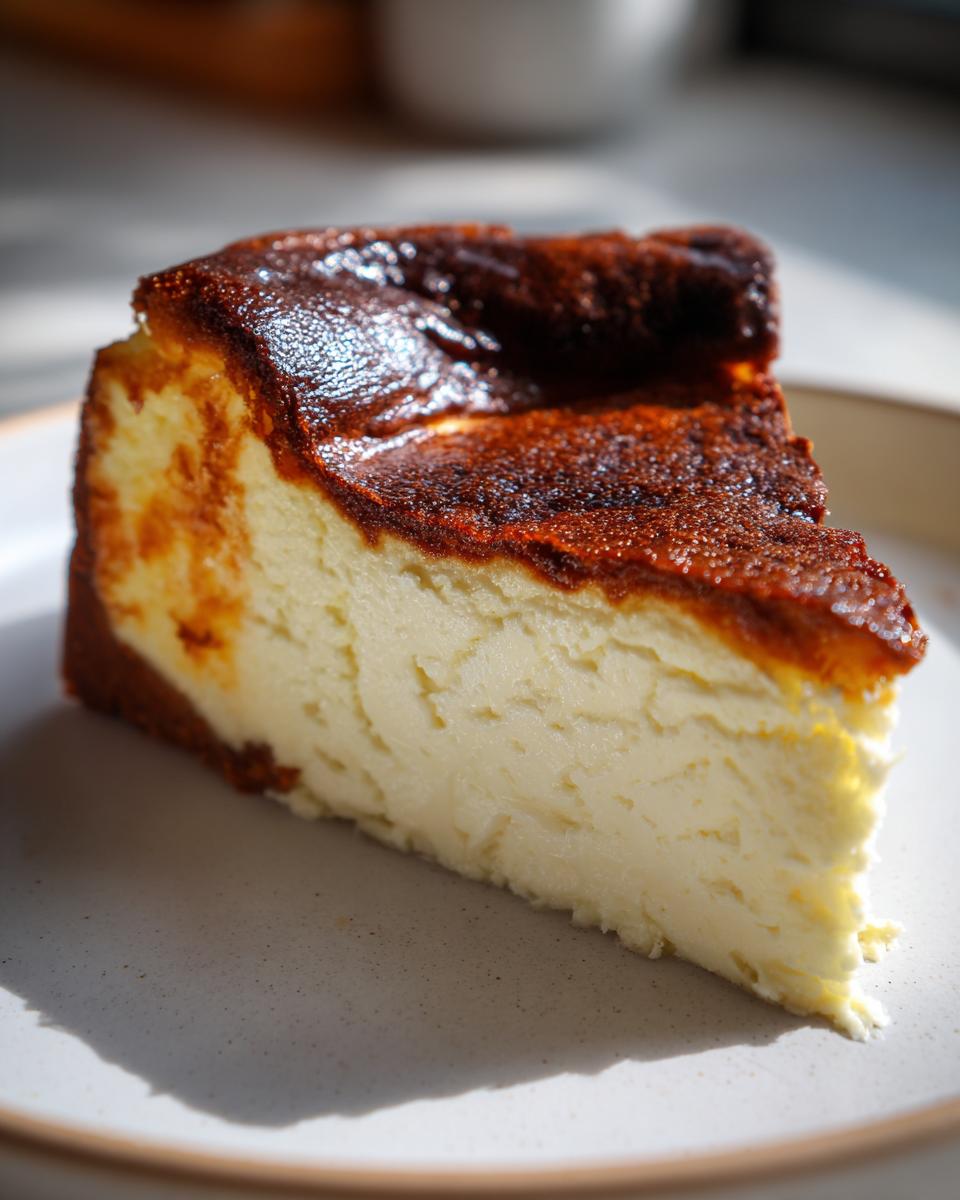 A close-up slice of creamy Basque cheesecake showing its signature dark, caramelized top.
