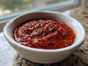 Close-up of rich, chunky homemade pizza sauce seasoned with herbs in a small white bowl.
