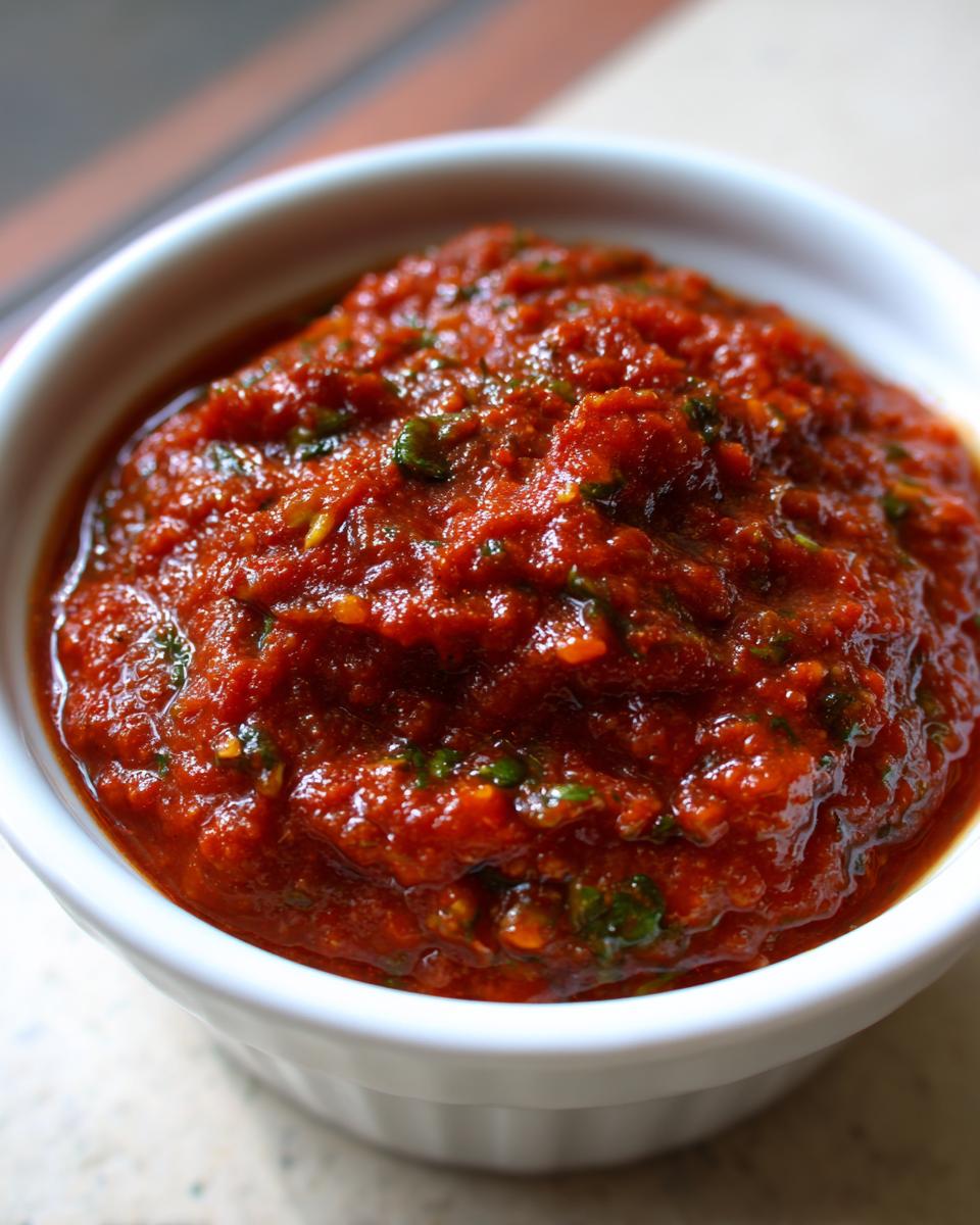 Close-up of a thick, vibrant red pizza sauce speckled with green herbs, served in a small white ramekin.