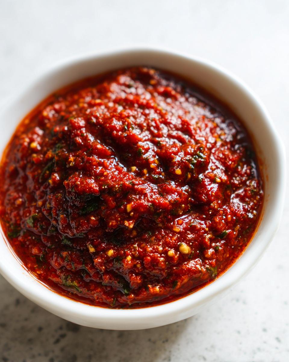 Close-up of a thick, vibrant red pizza sauce with visible herbs and spices in a small white bowl.