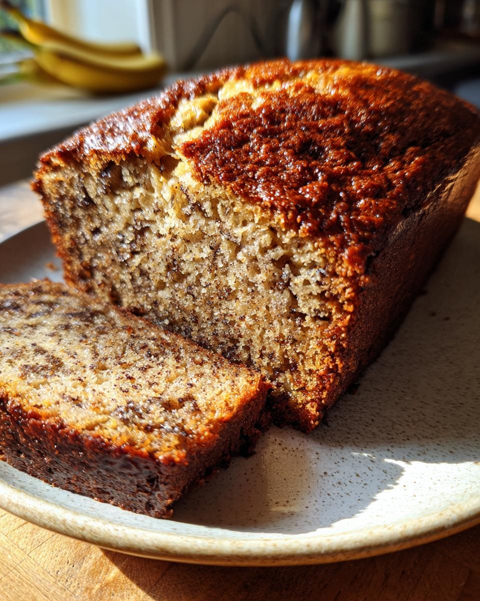 Close-up of a moist slice cut from the best banana bread loaf, showing a dark, caramelized crust.