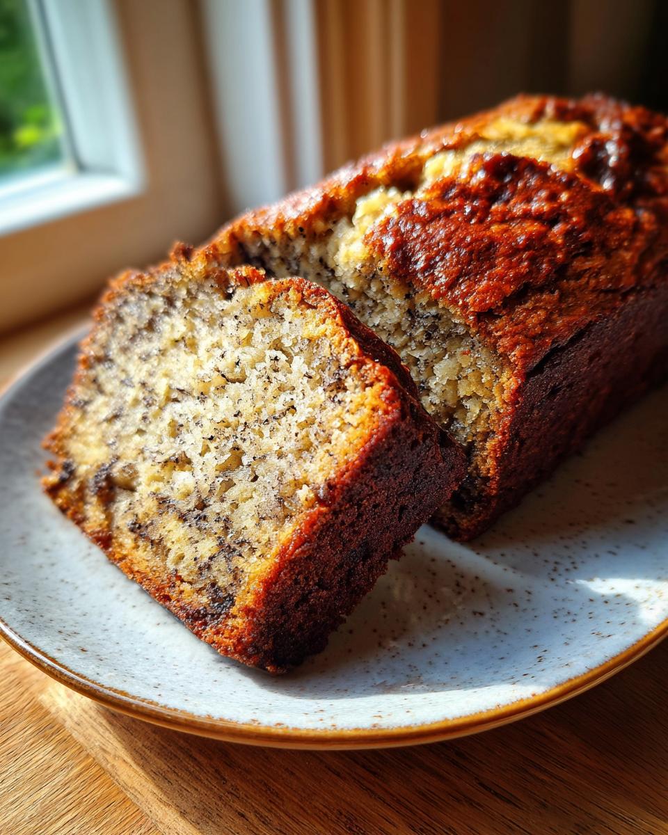 Close-up of a loaf of moist best banana bread with one slice cut, sitting on a speckled plate.