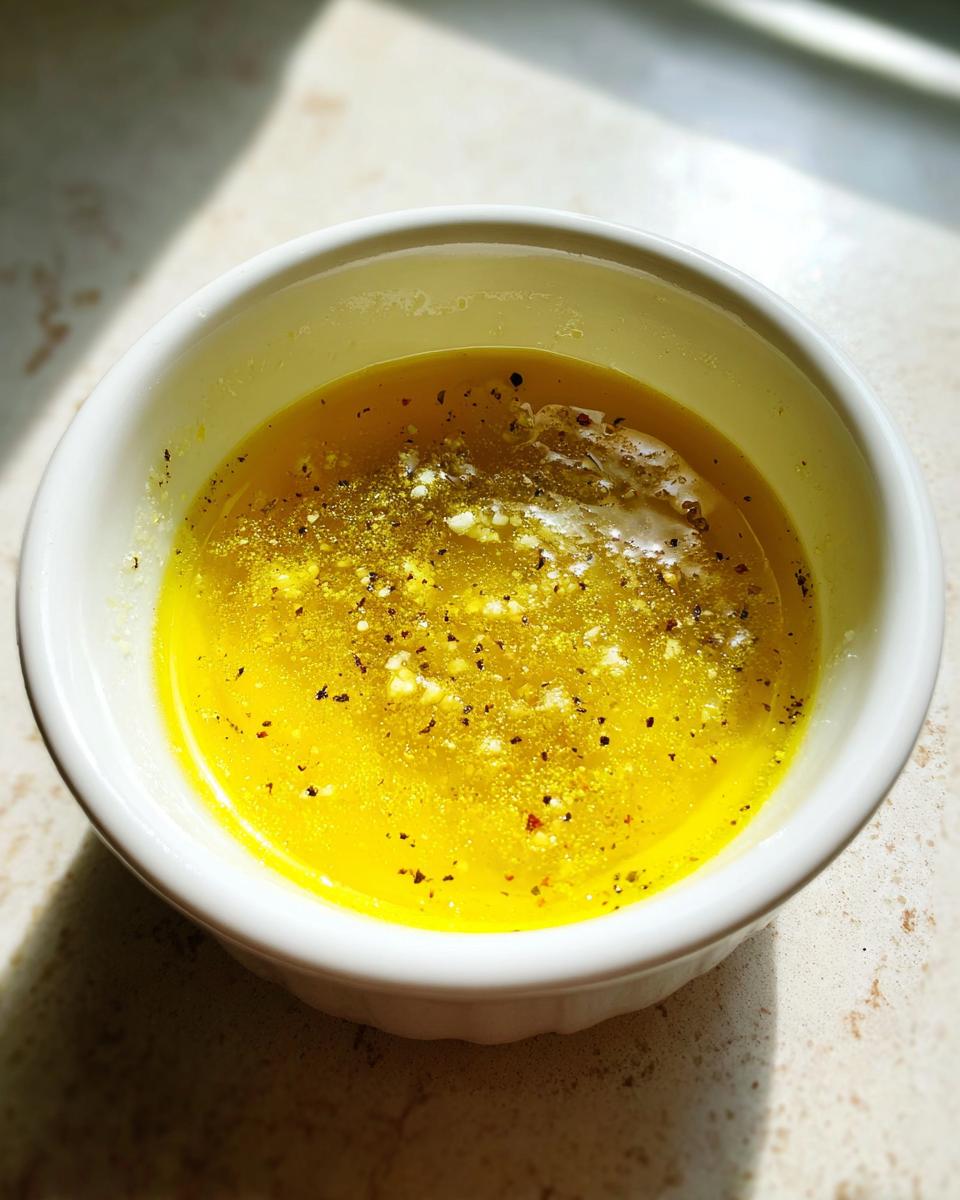 Close-up of bright yellow homemade salad dressing, seasoned with black pepper and garlic bits, in a small white bowl.