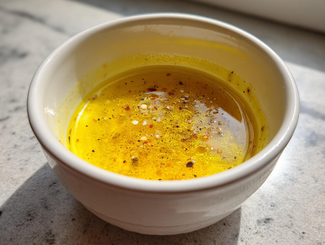 Close-up of a bright yellow homemade salad dressing, seasoned with pepper flakes, in a small white bowl.