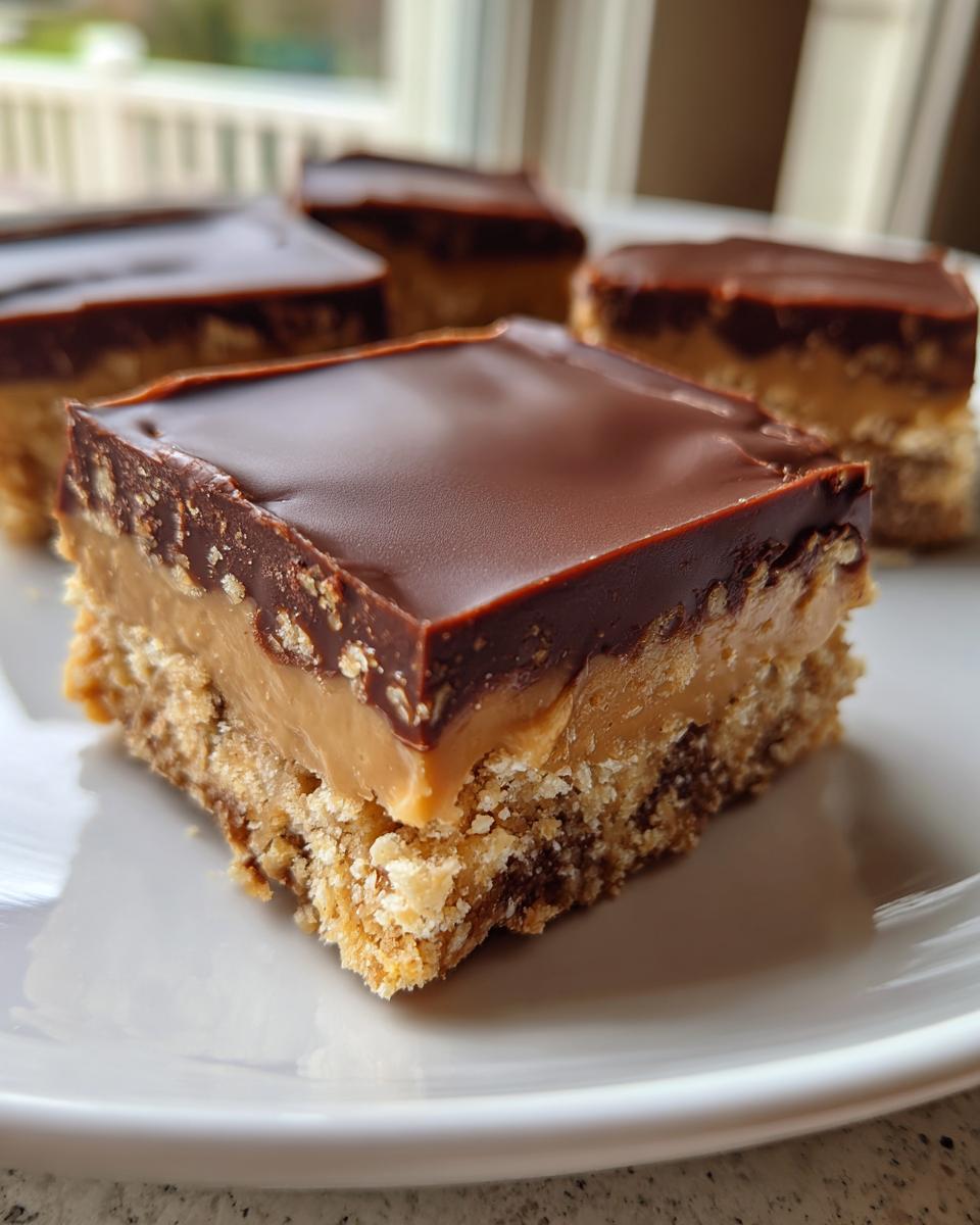 A square bar of buckeye graham crackers dessert showing a crumbly base, peanut butter layer, and chocolate topping.