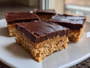 Four square pieces of Buckeye Graham Crackers bars showing a crumbly base, peanut butter layer, and chocolate topping.