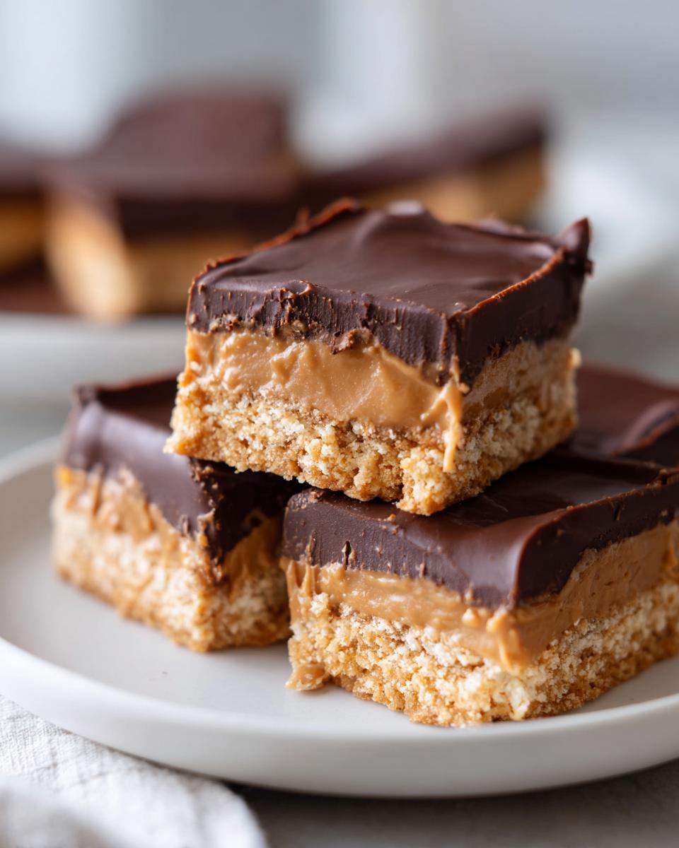 Three layered buckeye graham crackers bars stacked on a white plate, showing a crumbly base, peanut butter filling, and chocolate topping.