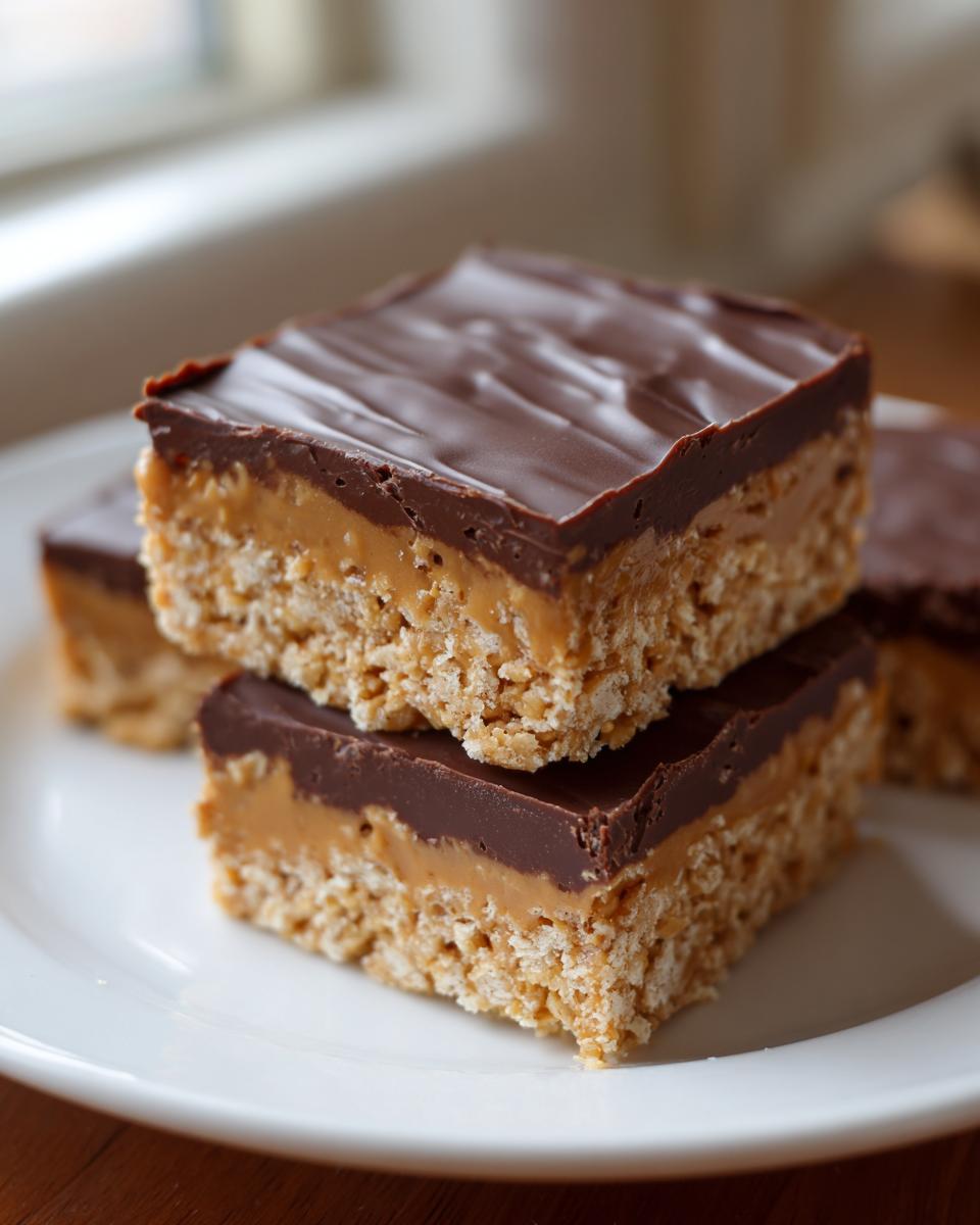 Two stacked squares of Buckeye Graham Crackers bars with a crispy base, peanut butter layer, and chocolate topping.