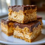 Three stacked squares of rich buckeye graham crackers bars with peanut butter filling and chocolate topping.
