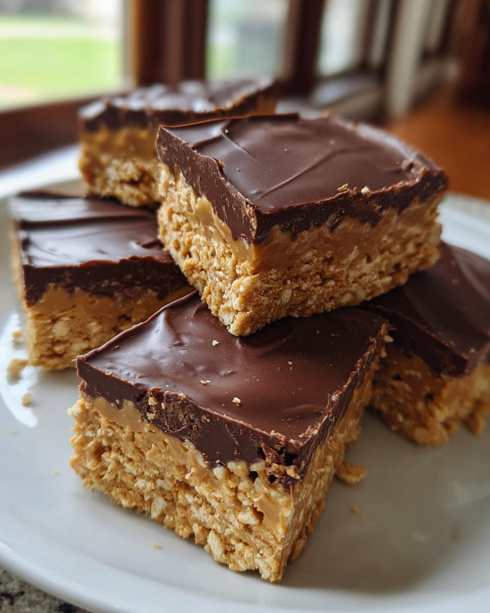 Close-up of stacked squares of Buckeye Graham Crackers with a peanut butter base and thick chocolate topping.
