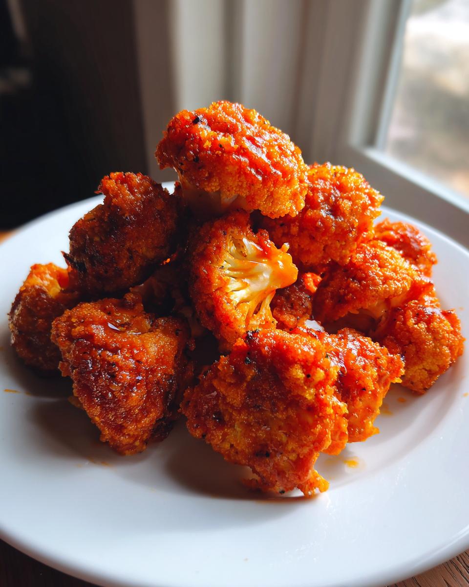 A pile of crispy, bright orange buffalo cauliflower bites served on a white plate, ready to eat.