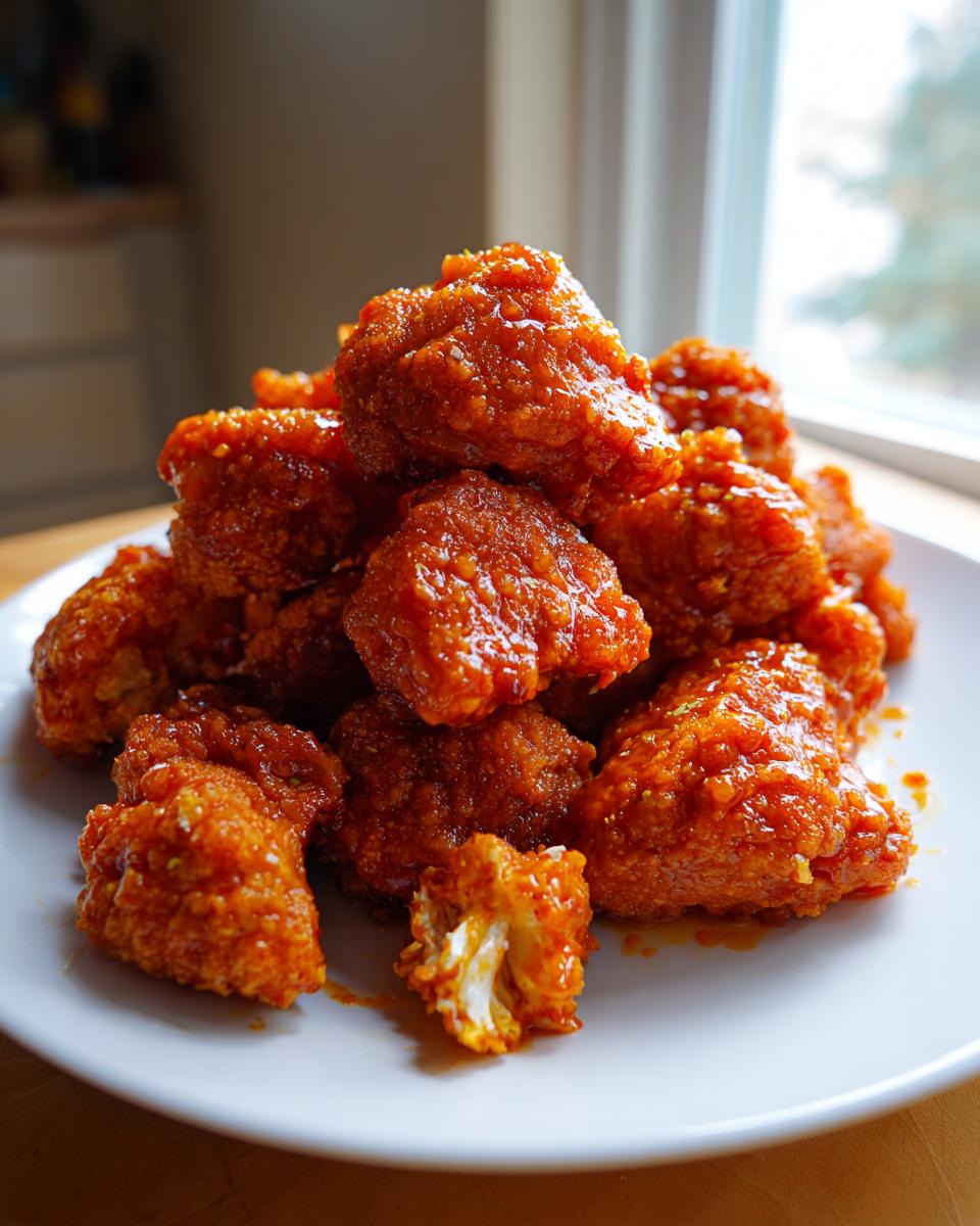 A tall pile of crispy, bright orange buffalo cauliflower bites coated in hot sauce, served on a white plate.