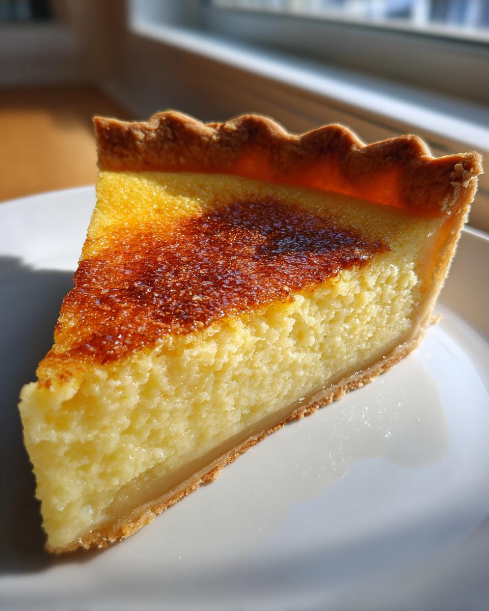 A close-up slice of creamy buttermilk pie showing a golden, slightly caramelized top crust.